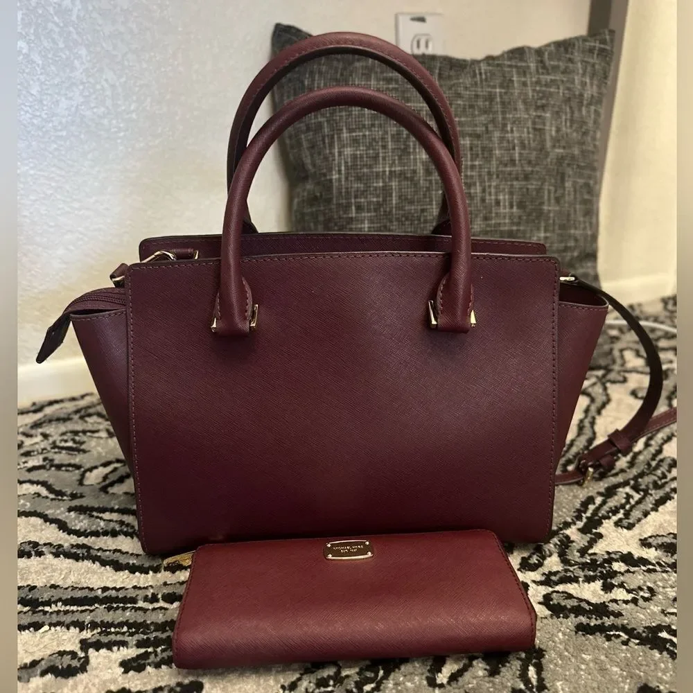 Michael Kors Burgundy Salma Medium Handbag and Wallet Set